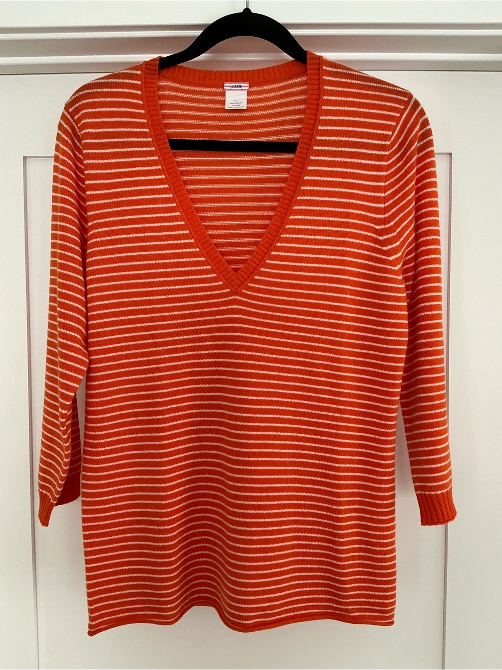 J. Crew Orange and White Striped Cashmere 3/4 Sleeve SweaterSize Large.